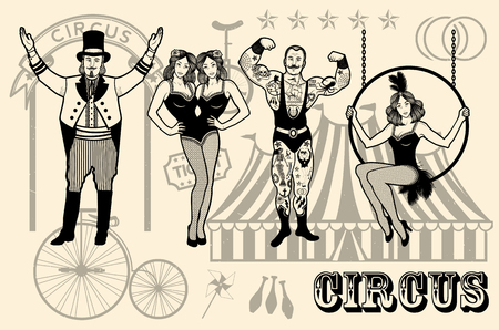 Pattern Of The Circus. The strong man, The siamese twins, The Circus Entertainer, The Circus Air Acrobat. Vector illustration.のイラスト素材