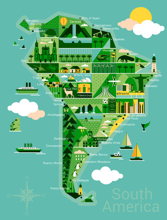 South America map with landscape and animal. Vector illustration.のイラスト素材