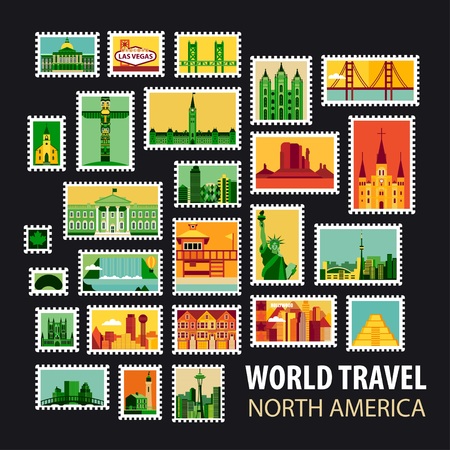 World Travel, North America. Icons set. Stamps with historical architecture in the world. Vector illustrationのイラスト素材