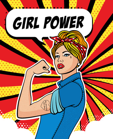 Girl Power. The Factory Girl with biceps, pop art comics retro style Halftone. Imitation of old illustrations.