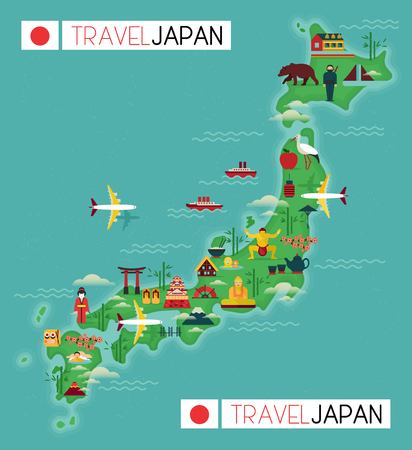 Japan landmark and travel map. Flat design elements and icons. vector illustrationのイラスト素材