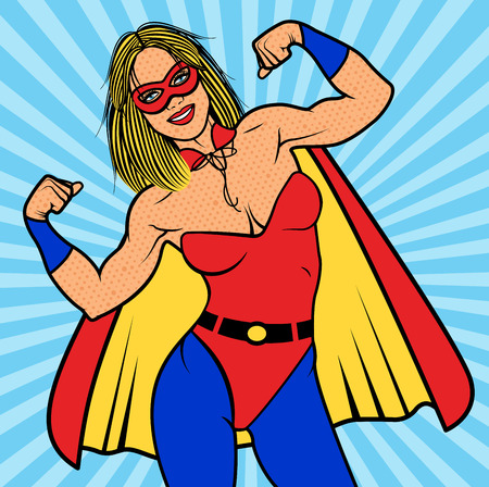 Super Hero Girl with biceps, pop art comics retro style Halftone. Imitation of old illustrations.のイラスト素材