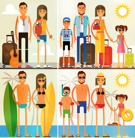 Family vacation, Family at an Airport Transit and Relax on the Beach.のイラスト素材