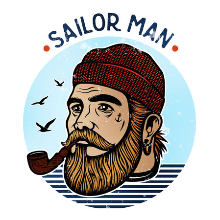 Portrait of bearded sailor with tobacco pipe. Hipster sailor man. Bearded boat captain smoking pipeのイラスト素材