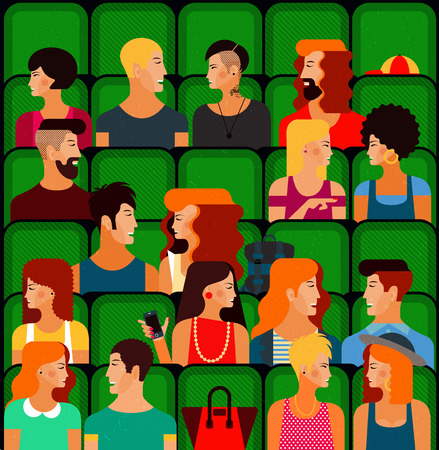 Flat People Sitting in the Cinema and Watching a Movie. Vector Illustration. Cute vector character people. Seamless Pattern.のイラスト素材