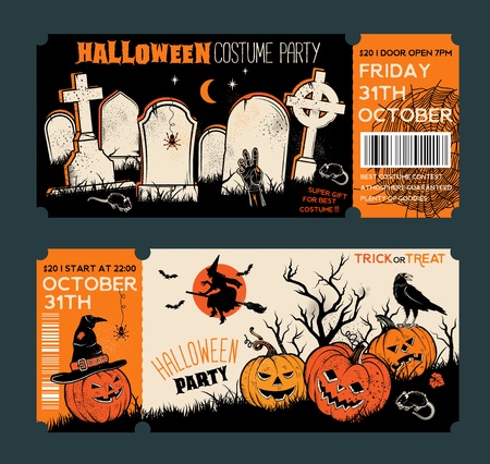 Halloween Tickets Template. Place for your text. Vector illustration with Halloween Vintage symbols. Great design for halloween party, menu or invitation.Vector Illustrations.のイラスト素材