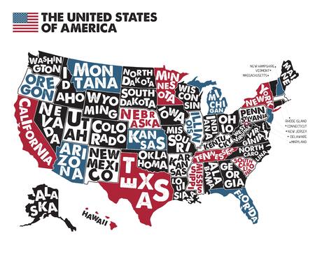 Poster map of United States of America with state names.