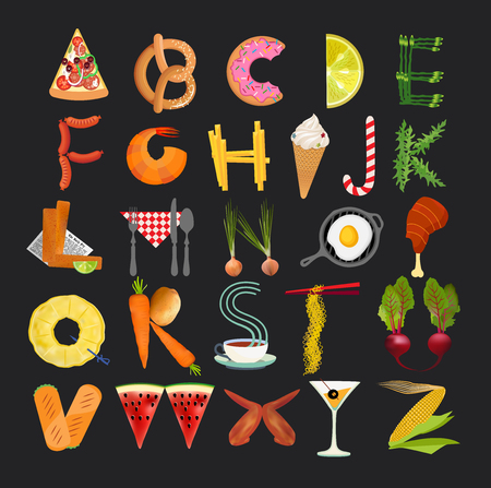 Food Alphabet. Typography Kitchen Poster. Vector Illustrationのイラスト素材