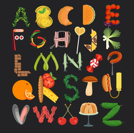 Food Alphabet. Typography Kitchen Poster. Vector Illustrationのイラスト素材