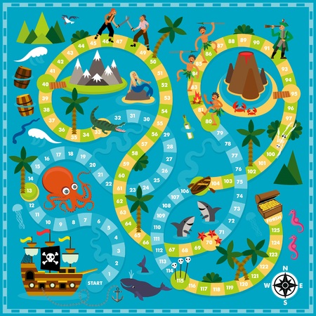 Vector Cartoon Illustration of kids. Pirate Board Game Template. For print.のイラスト素材