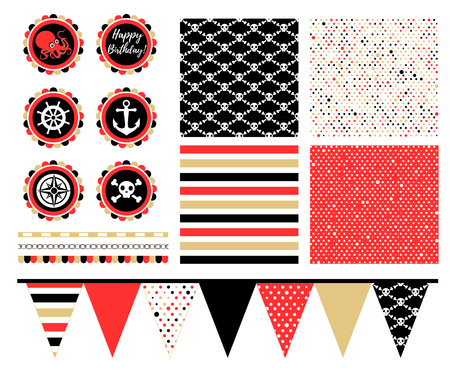 Pirate Party Decorations for Birthday Party or Baby Shower. Pirate Cupcake Toppers. Vector Illustration. - Vectorのイラスト素材