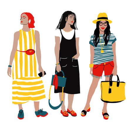Women s Summer Street Style. Detailed Female Characters. Colorful Fashion Illustration in Flat Cartoon Style.のイラスト素材