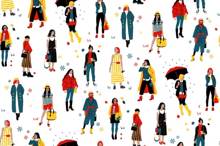 Seamless Pattern With Fashionable Young Women In Casual Style. Girl Street Style. Detailed Female Characters. Colorful Fashion Illustration In Flat Cartoon Style.のイラスト素材