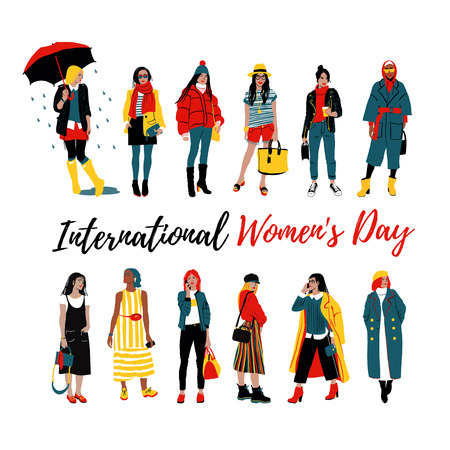 International Women's Day. Template for a poster, cards, banner. Detailed Female Characters. Colorful Fashion Illustration in Flat Cartoon Style. Vector illustrationのイラスト素材