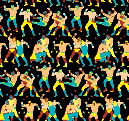 Lucha Libre Seamless Pattern.Luchadores Heroes. Mexican Wrestler Night.のイラスト素材