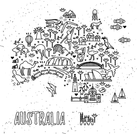 Map of the Australia and Travel Icons. Australia Travel Line Icons Map.のイラスト素材