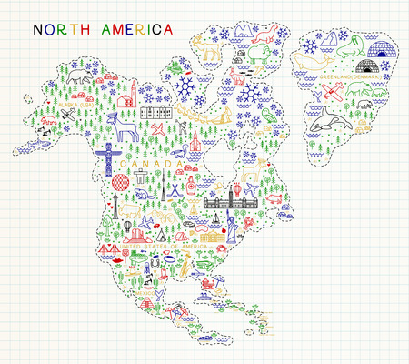North America Travel Line Icons Map. Travel Poster with animals and sightseeing attractions. Inspirational Vector Illustration.のイラスト素材