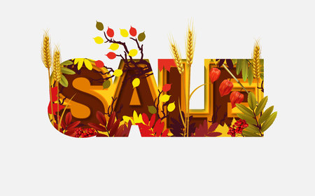 Autumn Sale Design with Falling Leaves on Light Background. Trendy Origami Paper Cut Style. Autumnal Vector Illustration.のイラスト素材