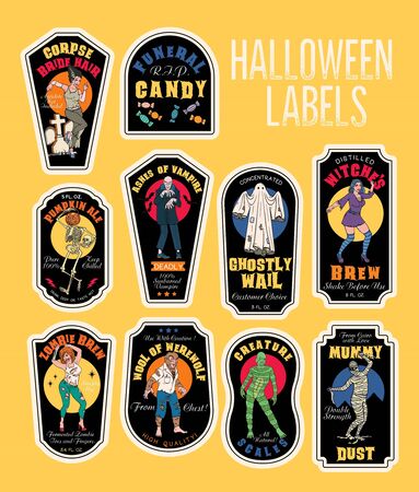 Halloween Bottle Labels Potion Labels with Monsters.のイラスト素材