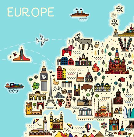 Europe Map with Famous Sightseeing. Travel Guide. Vector illustration.のイラスト素材