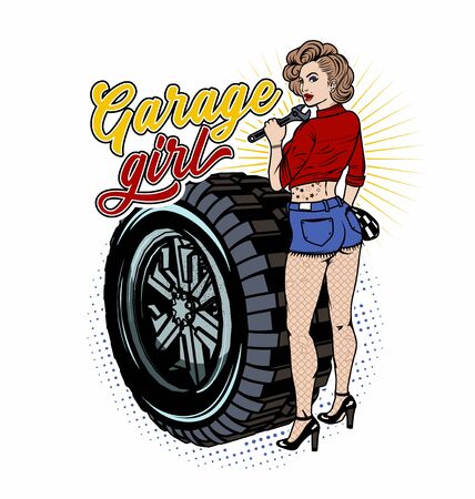 Pin Up Girl Illustration With Wheel. Garage Girl. Vector Illustration.のイラスト素材