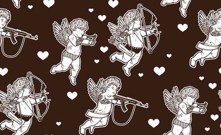 Seamless Pattern for happy valentines day with cupids. Hand Drawn Illustration.のイラスト素材