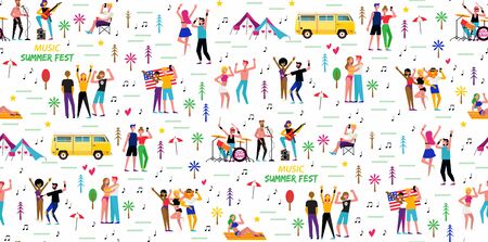 Poster for the music summer festival. Open-air live performance in the outdoor suburban landscape. Party in park, camp. Pop, rock musicians and funny dancing people.のイラスト素材