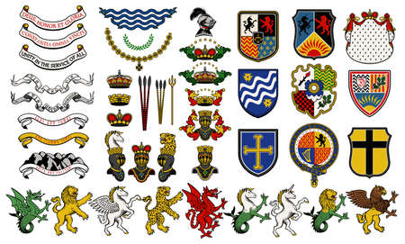 Vector heraldic set of illustration in vintage style with shield, crown, different beasts and knight helmet for design.の写真素材