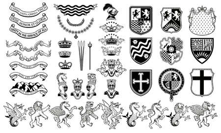 Vector heraldic set of illustration in vintage style with shield, crown, different beasts and knight helmet for design.の写真素材