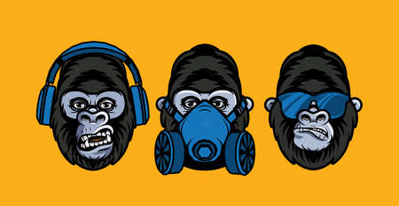 Three wise gorillas with respirator, glasses, headphones. Also called the Three Mystic Apes. Sees no evil, hears no evil, speaks no evil.のイラスト素材