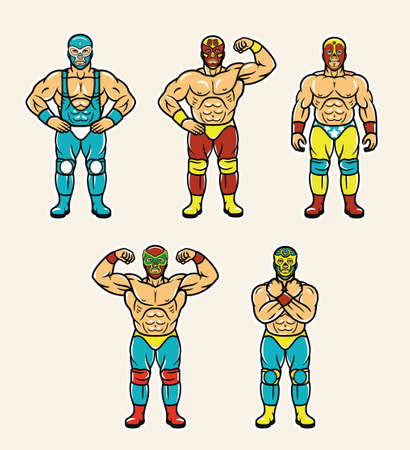 Lucha Libre Characters. Mexican Wrestler Fighters in Mask. Vector Illustration.のイラスト素材