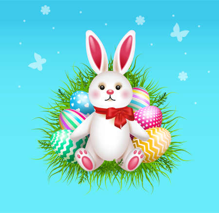 Happy Easter Illustration With Colorful Painted Eggs and Rabbit. Vector.のイラスト素材