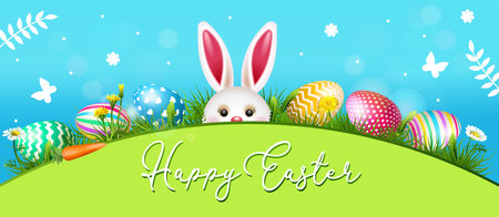 Happy Easter Illustration With Colorful Painted Eggs and Rabbit. Vector illustration for banner or decor.のイラスト素材