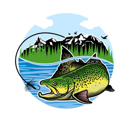 Vintage Salmon Fishing emblem, label. Vector illustration.のイラスト素材