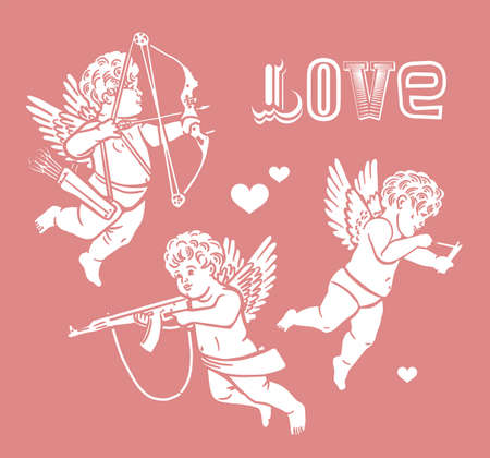 Set of romantic bottle labels for happy valentines day with cupids. Love potions. Hand Drawn...