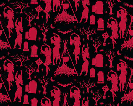 Witches Dancing near a Cemetery Seamless Pattern. Vector Illustration.のイラスト素材