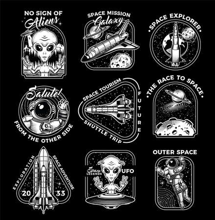 Collection of nine space exploration. Vector Engraving Illustration.のイラスト素材