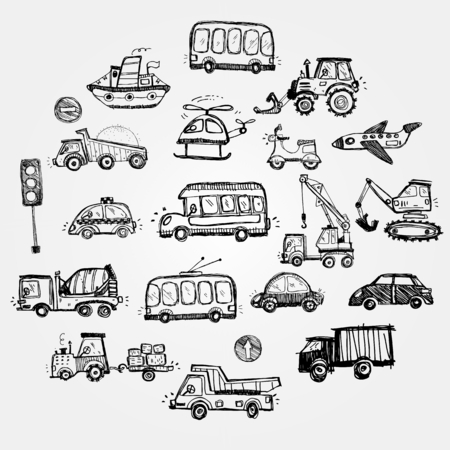 baby cars set. funny baby toys. vector doodle collection of hand drawn icons transport for babyのイラスト素材