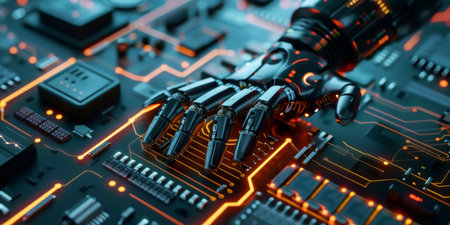 A robot hand sorts microchips. Artificial intelligence, sci-fi conceptual futuristic photo of nanotechnology for the production of microchips and electronic devices.の素材