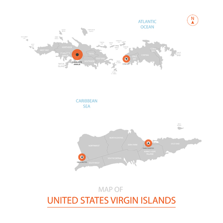 Stylized vector United States Virgin Islands map showing big cities, capital Charlotte Amalie, administrative divisions.のイラスト素材