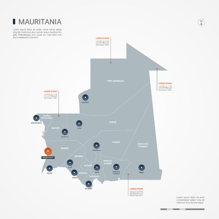 Mauritania map with borders, cities, capital and administrative divisions. Infographic vector map. Editable layers clearly labeled.のイラスト素材