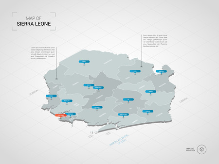 Isometric  3D Sierra Leone map. Stylized vector map illustration with cities, borders, capital, administrative divisions and pointer marks; gradient background with grid.のイラスト素材