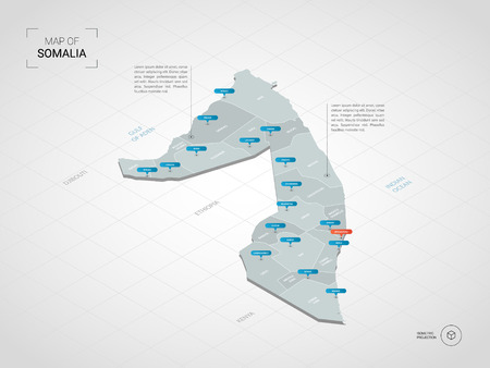 Isometric  3D Somalia map. Stylized vector map illustration with cities, borders, capital, administrative divisions and pointer marks; gradient background with grid.のイラスト素材