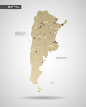 Stylized vector Argentina map.  Infographic 3d gold map illustration with cities, borders, capital, administrative divisions and pointer marks, shadow; gradient background.のイラスト素材