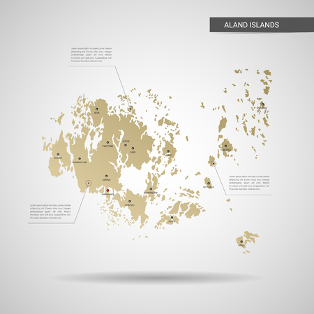 Stylized vector Aland Islands map.  Infographic 3d gold map illustration with cities, borders, capital, administrative divisions and pointer marks, shadow; gradient background.のイラスト素材