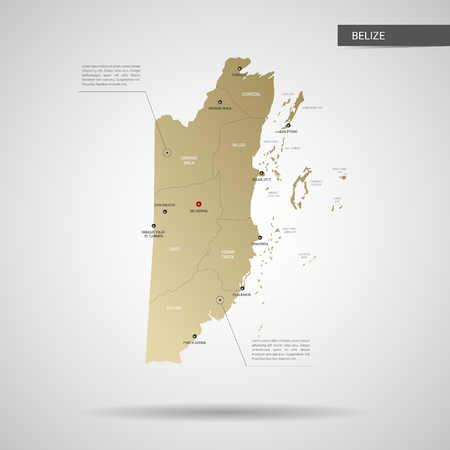 Stylized vector Belize map.  Infographic 3d gold map illustration with cities, borders, capital, administrative divisions and pointer marks, shadow; gradient background.のイラスト素材