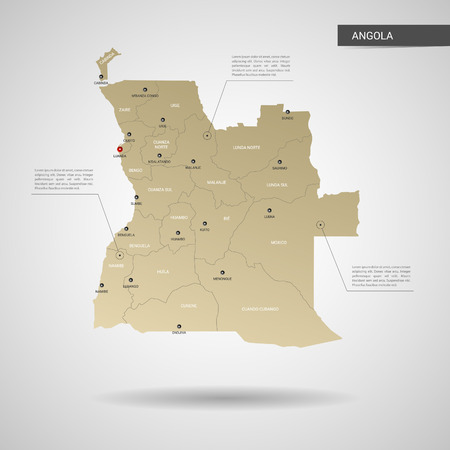 Stylized vector Angola map.  Infographic 3d gold map illustration with cities, borders, capital, administrative divisions and pointer marks, shadow; gradient background.のイラスト素材