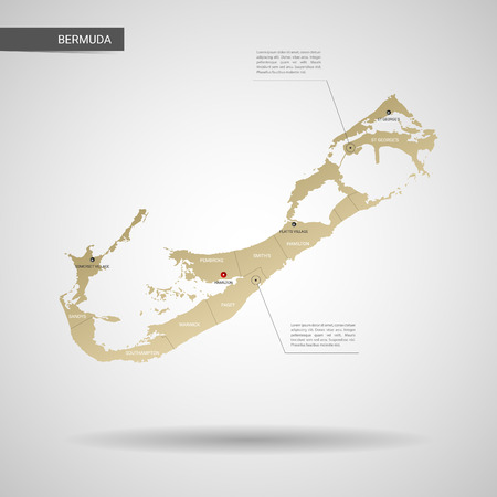 Stylized vector Bermuda map.  Infographic 3d gold map illustration with cities, borders, capital, administrative divisions and pointer marks, shadow; gradient background.のイラスト素材