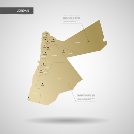 Stylized vector Jordan map.  Infographic 3d gold map illustration with cities, borders, capital, administrative divisions and pointer marks, shadow; gradient background.のイラスト素材