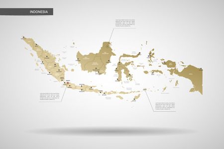 Stylized vector Indonesia map.  Infographic 3d gold map illustration with cities, borders, capital, administrative divisions and pointer marks, shadow; gradient background.のイラスト素材
